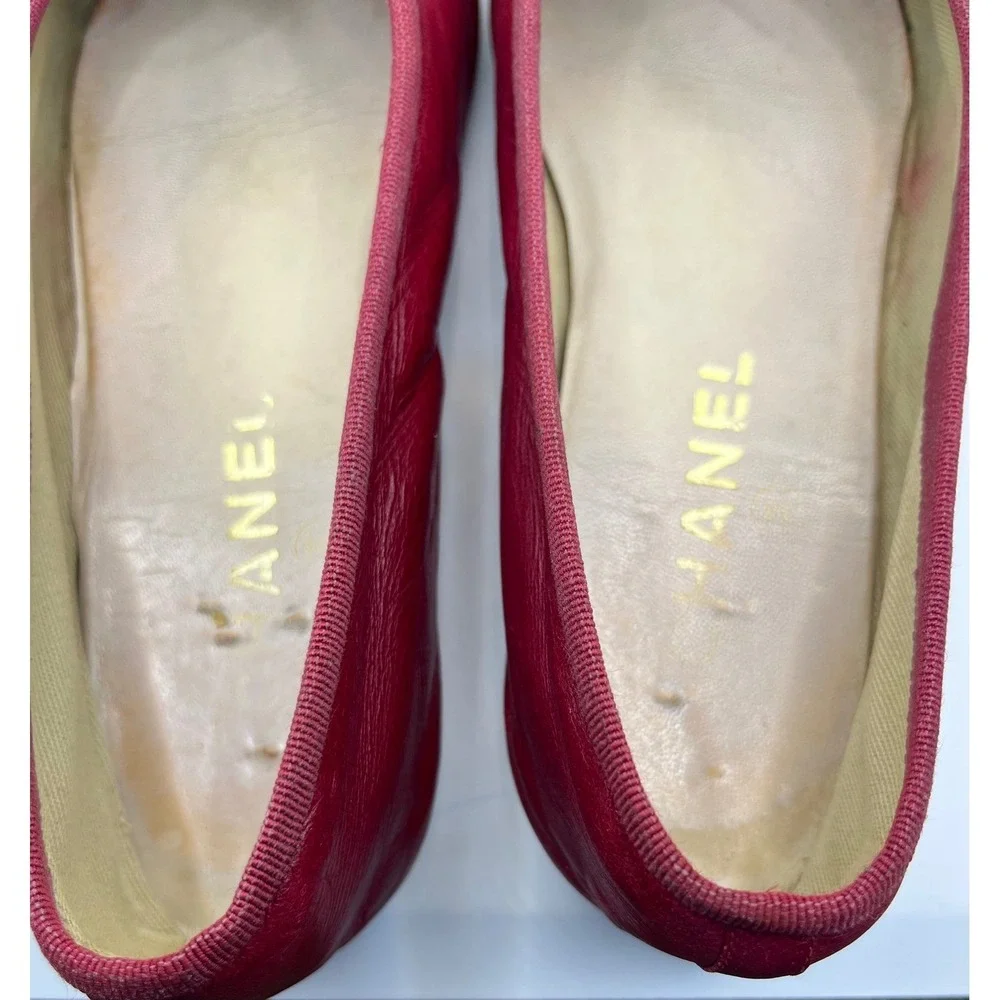 CHANEL Cap Toe Ballet Flats Red Black Leather Bow Size 37 Made in Italy